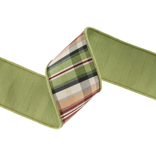 Green Tan Plaid Wired Ribbon | Dupioni Backing Fall Ribbon | 2.5" x 10yd-5600W-570-63E LA Ribbons