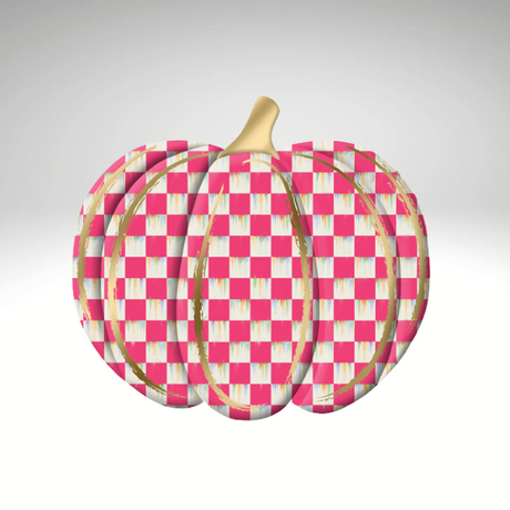 Metal Checkered Pumpkin – 12"x11" Embossed Pink & White Plaid Fall Decor with Gold Accents-MD165911 Craig Bachman