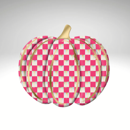 Metal Checkered Pumpkin – 12"x11" Embossed Pink & White Plaid Fall Decor with Gold Accents-MD165911 Craig Bachman