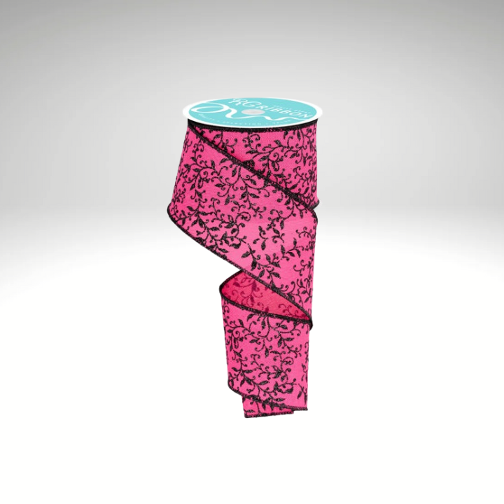 Halloween Ribbon Fuchsia & Black | 2.5"x10yd Glitter Vine Wired Craft Trim-RGF131583 Craig Bachman