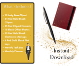 Ultimate Red, Gold & Black Digital Bundle | Office Mockups, Clipart, Planner Printables | Instant Download -  Instant Download