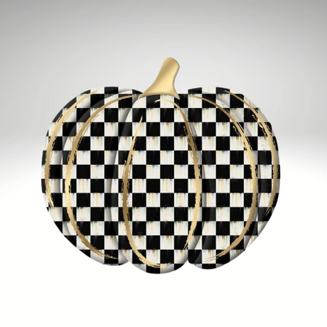 Metal Checkered Pumpkin – 12"x11" Embossed Black & White Plaid Fall Decor with Gold Accents-MD165902 Craig Bachman