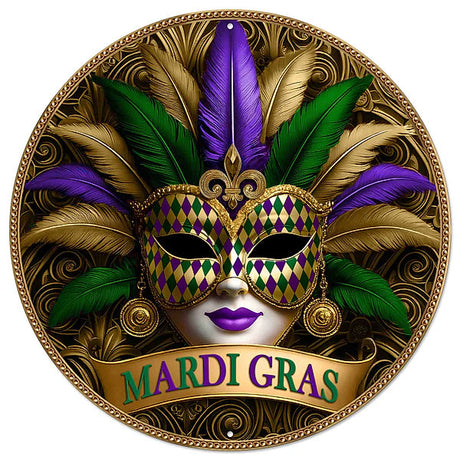 Mardi Gras Mask Sign | Gilded Metal Wall Decor | 12" Round Sign-MD1761 Craig Bachman