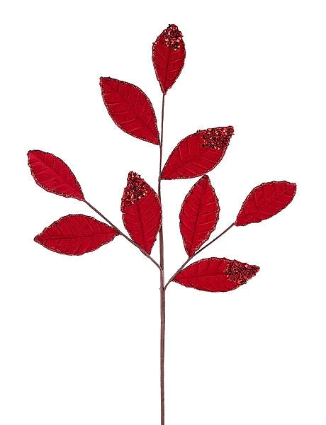 Red Velvet Glitter Magnolia Leaf Spray | Luxe Christmas Stem | 27" x 9 Leaves-XS255224 Craig Bachman