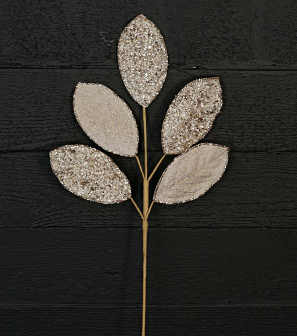 Beaded Glitter Magnolia Leaf Spray | Champagne/Taupe Metallic Velvet Stem | 25" x 5 Leaves Impressive Enterprises, Inc.