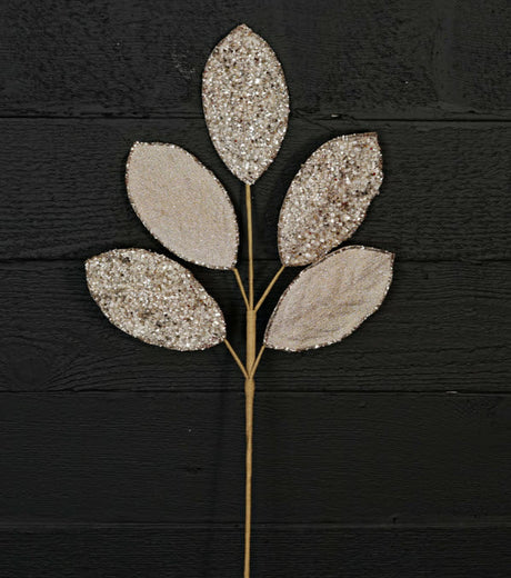 Beaded Glitter Magnolia Leaf Spray | Champagne/Taupe Metallic Velvet Stem | 25" x 5 Leaves Impressive Enterprises, Inc.