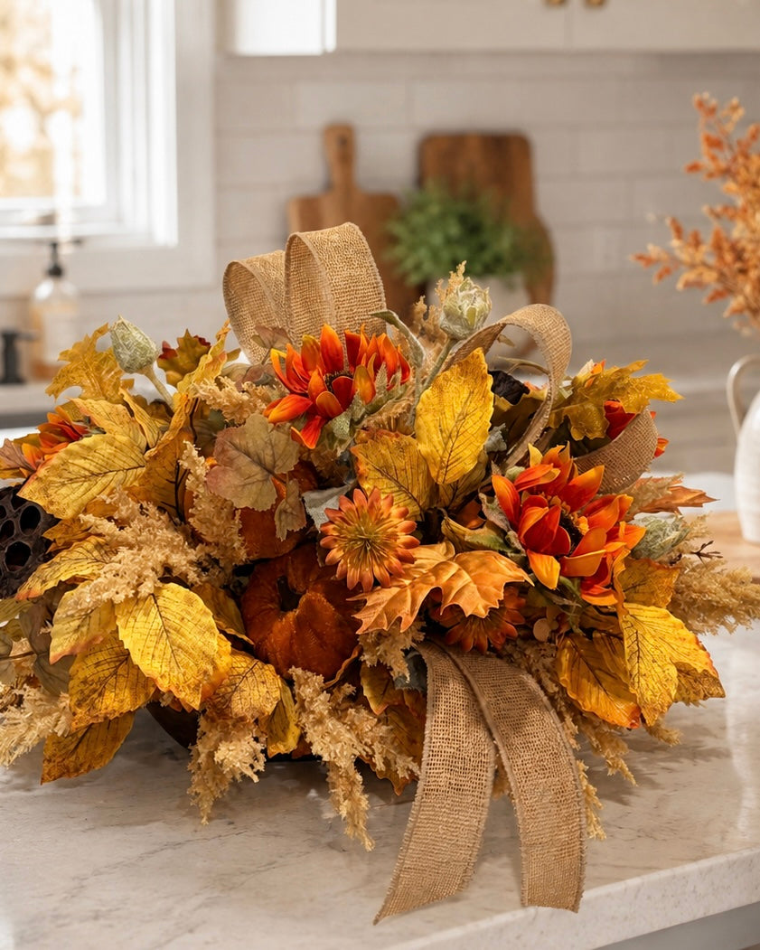 Fall Sunflower Centerpiece — 18 Inch Pumpkin Autumn Arrangement with Burlap Bow TCT Crafts