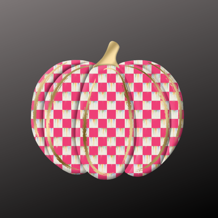 Metal Checkered Pumpkin – 12"x11" Embossed Pink & White Plaid Fall Decor with Gold Accents-MD165911 Craig Bachman