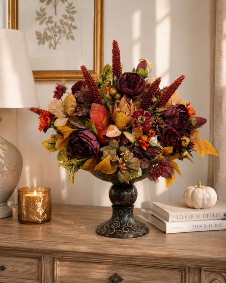 Designer Fall Arrangement in Ornate Compote — Ready-Made Artificial Centerpiece for Entryways, Buffets, and Commercial Spaces TCT Crafts