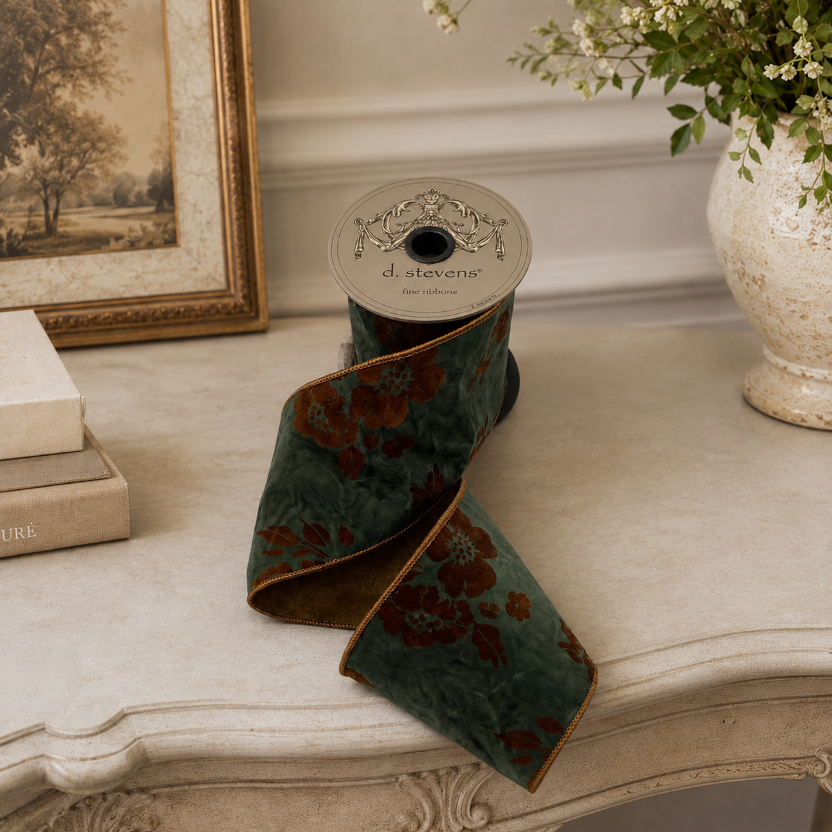 D. Stevens Wired Ribbon 4 Inch — Forest Green Gold Velvet Floral, 5 Yards-18-4714 D.Stevens
