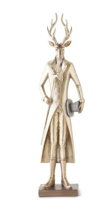Gold Resin Standing Deer with Walking Stick | Christmas Woodland Tabletop Decor | 12"-53176A K & K Interiors