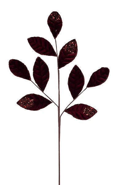 Burgundy Velvet Glitter Magnolia Leaf Spray | Luxe Christmas Stem | 27" x 9 Leaves Craig Bachman