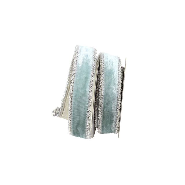 1" Light Blue Velvet Wired Ribbon with Silver Trim | Farrisilk-RG809-16 Farrisilk