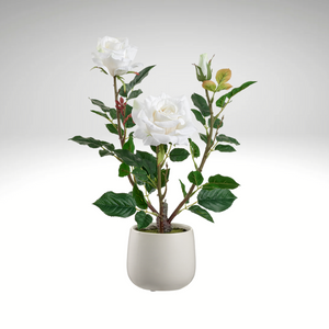 16.1" Artificial White Rose in Ceramic Vase | Elegant Faux Floral Table Decor