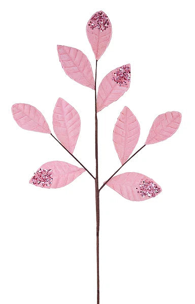 Pink Velvet Glitter Magnolia Leaf Spray | Luxe Christmas Stem | 27" x 9 Leaves-XS255222 Craig Bachman