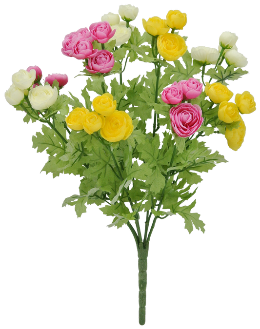 16" Artificial Mini Ranunculus Bush – Realistic Faux Flowers in Pink, Yellow & White for Home Décor & Floral Arrangements-84055-CRYELFU