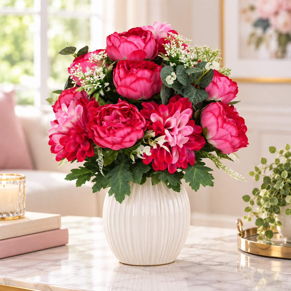 Peony Dahlia Bush x14 | Pink Fuchsia Floral Stem | 21" Bush-85585-BTY Golden Bell