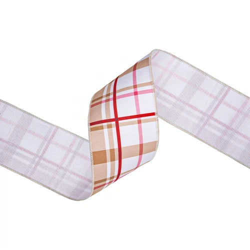 Gingerbread Plaid Wired Dupioni Ribbon | Pink Tan Christmas Ribbon | 4" x 10yd-9728W-743-100E LA Ribbons