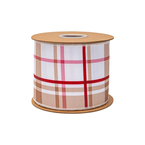 Gingerbread Plaid Wired Dupioni Ribbon | Pink Tan Christmas Ribbon | 4" x 10yd-9728W-743-100E LA Ribbons