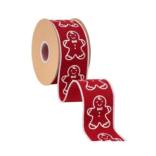 Gingerbread Man Wired Ribbon | Red Cotton Linen Christmas Ribbon | 2.5" x 10yd-9729W-260-63E LA Ribbons