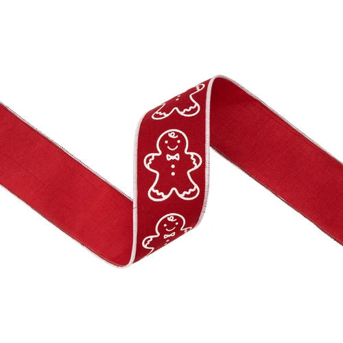 Gingerbread Man Wired Ribbon | Red Cotton Linen Christmas Ribbon | 2.5" x 10yd-9729W-260-63E LA Ribbons
