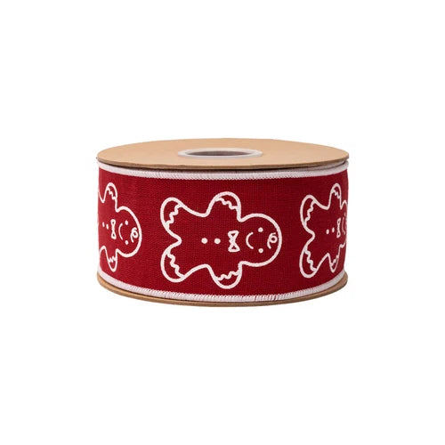 Gingerbread Man Wired Ribbon | Red Cotton Linen Christmas Ribbon | 2.5" x 10yd-9729W-260-63E LA Ribbons