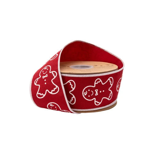 Gingerbread Man Wired Ribbon | Red Cotton Linen Christmas Ribbon | 2.5" x 10yd-9729W-260-63E LA Ribbons