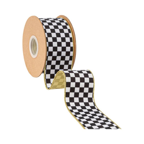 Black White Checkered Wired Velvet Ribbon Gold Back 2.5"-9824W-031-63E LA Ribbons