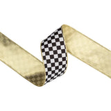 Black White Checkered Wired Velvet Ribbon Gold Back 2.5"-9824W-031-63E LA Ribbons