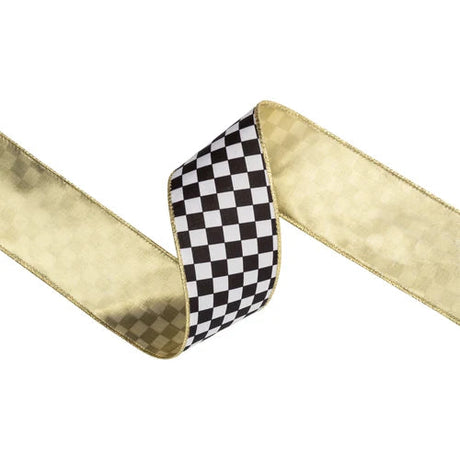Black White Checkered Wired Velvet Ribbon Gold Back 2.5"-9824W-031-63E LA Ribbons