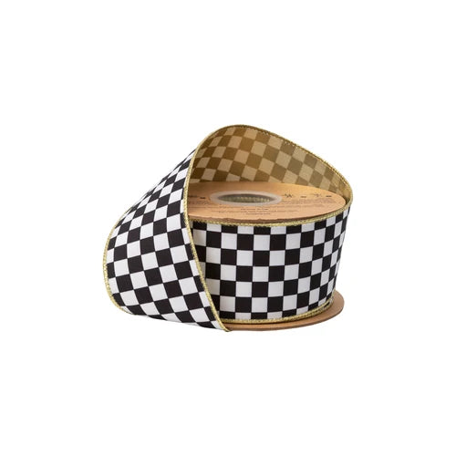 Black White Checkered Wired Velvet Ribbon Gold Back 2.5"-9824W-031-63E LA Ribbons
