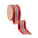 Red Velvet Checkered Wired Ribbon | Gold Trim Designer Ribbon | 2.5" x 10yd-9825W-250-63E LA Ribbons