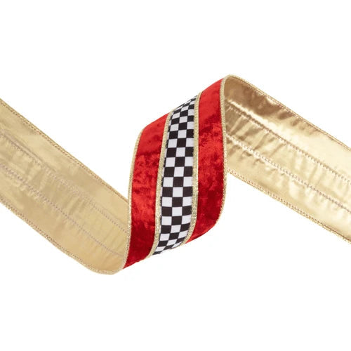 Red Velvet Checkered Wired Ribbon | Gold Trim Designer Ribbon | 2.5" x 10yd-9825W-250-63E LA Ribbons