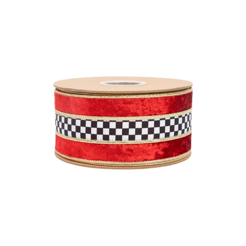 Red Velvet Checkered Wired Ribbon | Gold Trim Designer Ribbon | 2.5" x 10yd-9825W-250-63E LA Ribbons