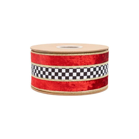 Red Velvet Checkered Wired Ribbon | Gold Trim Designer Ribbon | 2.5" x 10yd-9825W-250-63E LA Ribbons