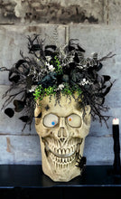 Load image into Gallery viewer, Animated 36x24&quot; Skull Porch Decor | Motion-Sensor Lights and Music | Black Roses &amp; Velvet Vines | Spooky Halloween Accent-TCT1677