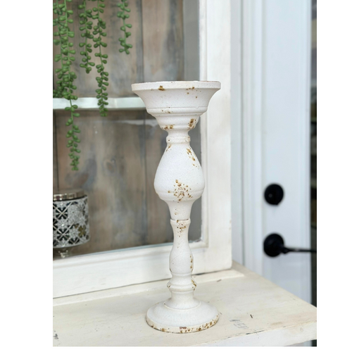 Antique White Distressed Tin Candle Holder – 14.75