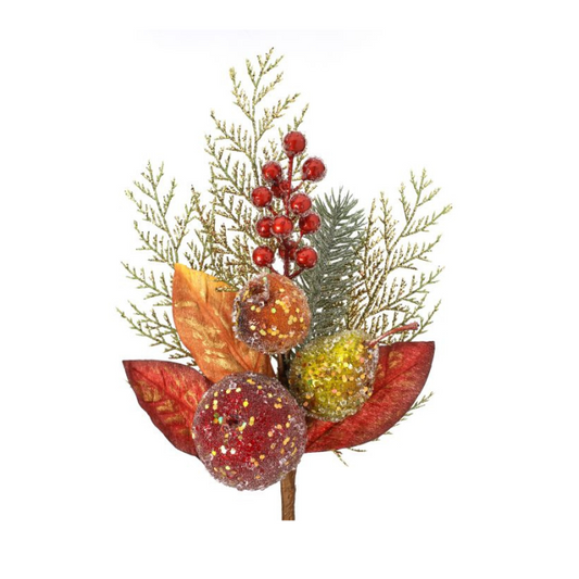 14" Beaded Fruit Pick with Fall Leaves and Pine – Artificial Glittered Holiday Pick-MTX62970 Regency