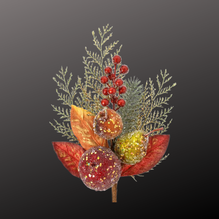 14" Beaded Fruit Pick with Fall Leaves and Pine – Artificial Glittered Holiday Pick-MTX62970 Regency