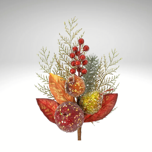 14" Beaded Fruit Pick with Fall Leaves and Pine – Artificial Glittered Holiday Pick-MTX62970 Regency