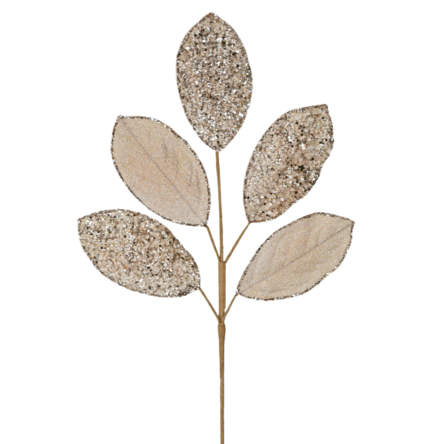 Beaded Glitter Magnolia Leaf Spray | Champagne/Taupe Metallic Velvet Stem | 25" x 5 Leaves Impressive Enterprises, Inc.
