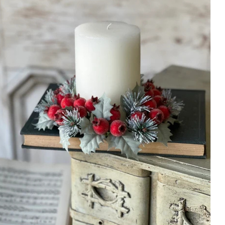 Winter Sugar Plum Christmas Candle Ring — 8 Inch Sugared Red Berry Holiday Accent-XY5381 Lancaster & Vintage