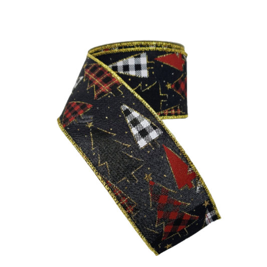 Christmas Plaid Tree Ribbon 2.5 Inch x 10 Yard Black Burgundy Wired Ribbon-R9040-02 TCTCrafts