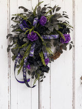 Dark Moody Halloween Wreath — Purple and Black Rose Grapevine Wreath, 32 Inch TCT Crafts