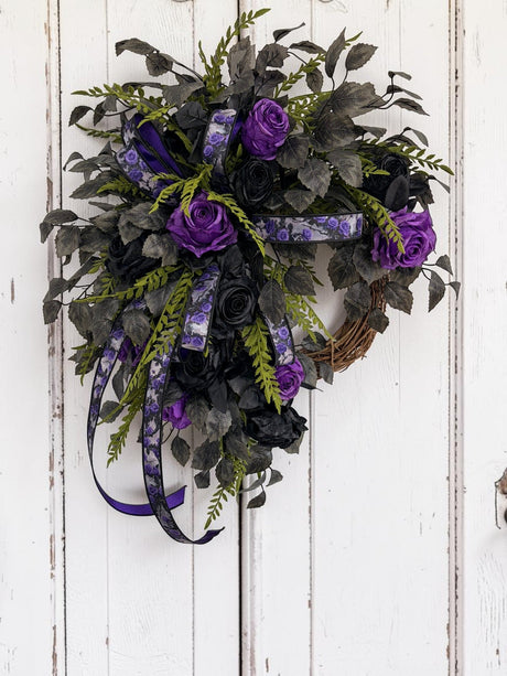 Dark Moody Halloween Wreath — Purple and Black Rose Grapevine Wreath, 32 Inch TCT Crafts