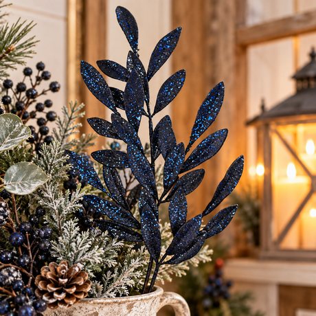 Navy Blue Glitter Laurel Leaf Spray 27"-86483NVBL Liberty Floral
