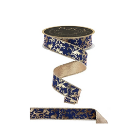 D'Lux Navy Gold Foil Swirl Leaf Ribbon | Wired Christmas Wreath Ribbon | 1.5" x 10yd-LX3133WA Craig Bachman