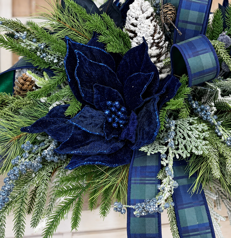 Navy Blue Tartan Plaid Christmas Centerpiece | Velvet Poinsettia & Snowy Pine | 24"Lx12"H-2215 TCT Crafts Designs & Decor
