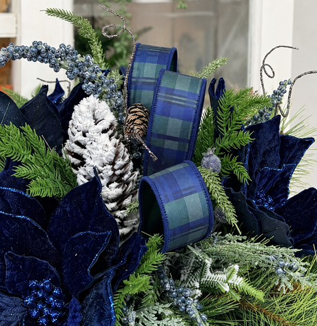 Navy Blue Tartan Plaid Christmas Centerpiece | Velvet Poinsettia & Snowy Pine | 24"Lx12"H-2215 TCT Crafts Designs & Decor