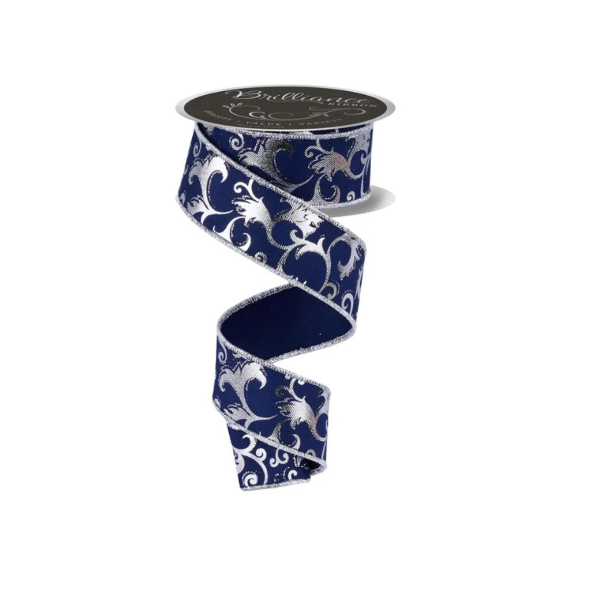 Navy Silver Leaf Wired Ribbon 1.5 Inch x 10 Yards-LS1295YR Craig Bachman